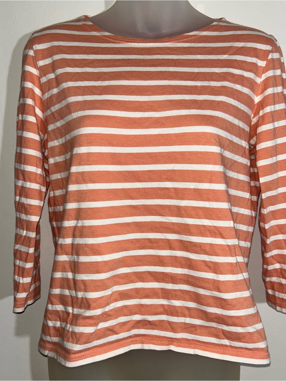 SAINT JAMES 3/4 Sleeve Boatneck Stretch Top Women's Size 38 Orange White Striped